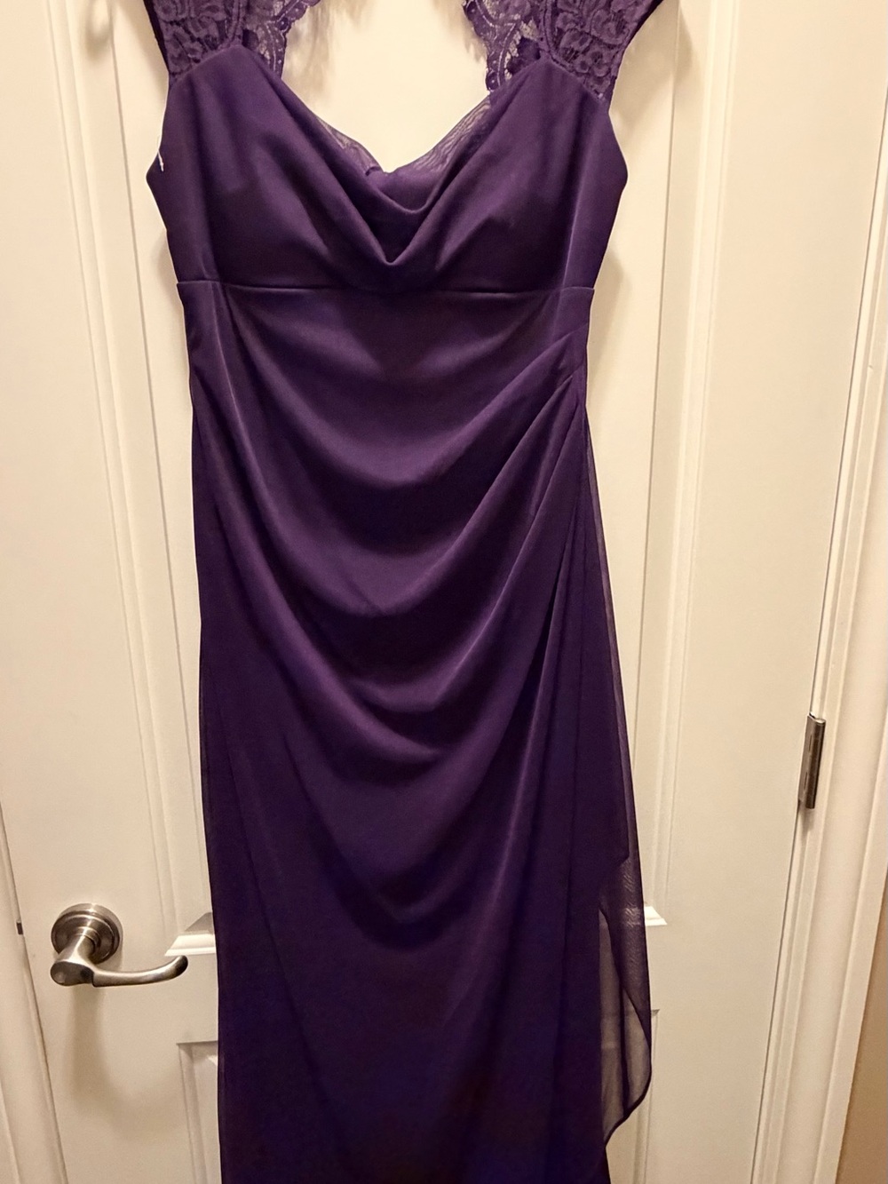 Xscape Purple Lace-Shoulder Cowl Maxi Dress